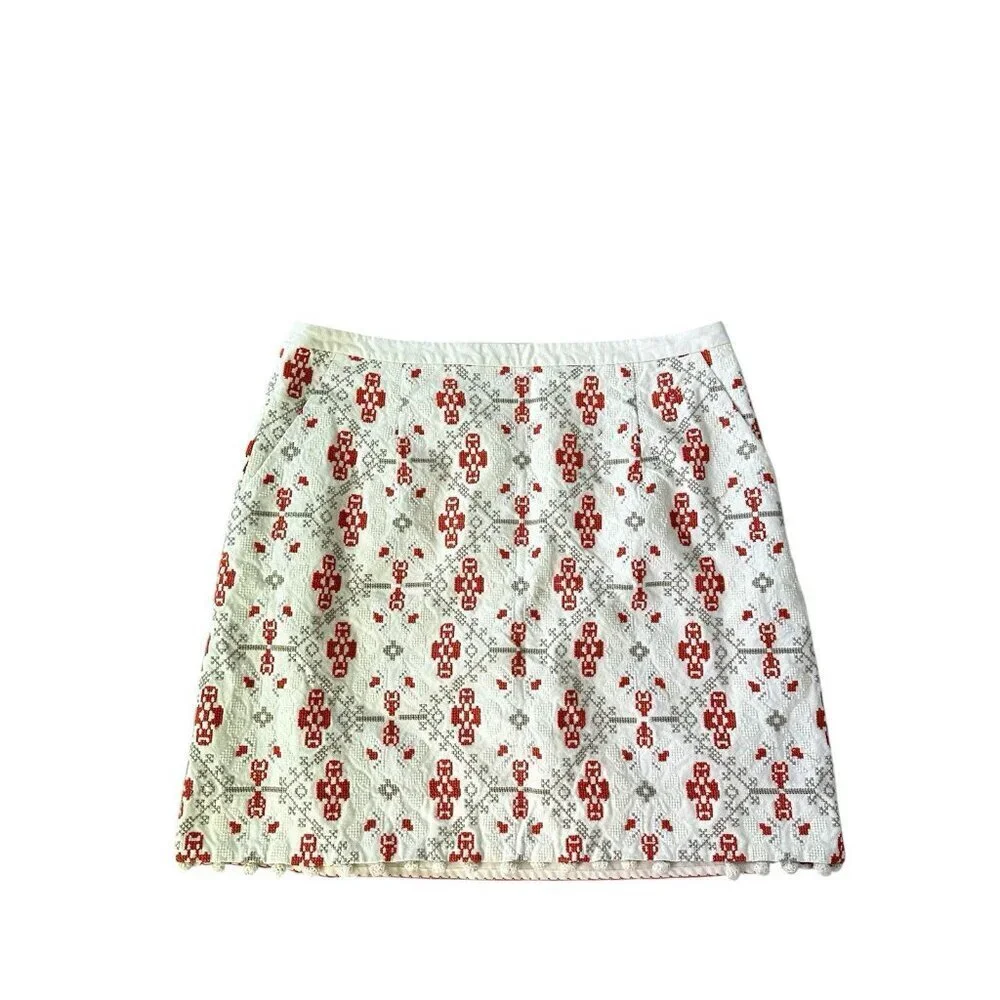 Maeve Cotton Embroidered Skirt Pompom Hem Lined Anthropologie Size 12 Cream Red